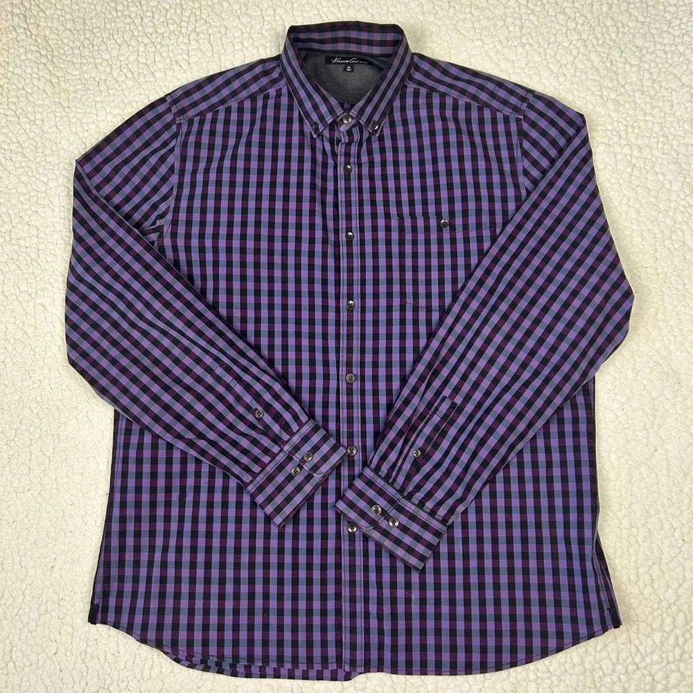Kenneth Cole Button Down Shirt Men’s XL Purple Check Regular Fit Pocket Casual